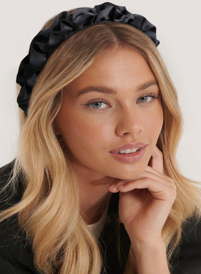 AIBFRID Black Ruffle Headbands for Women, Wide Non Slip Fashion Headband Elastic Cute Head Band Satin Silky Solid Hair Bands Trendy Hair Accessories for Women Girls 3PCS - Image 4